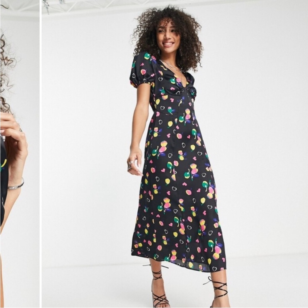 Topshop Bright Floral Satin Heart Midi Dress (Size 10)